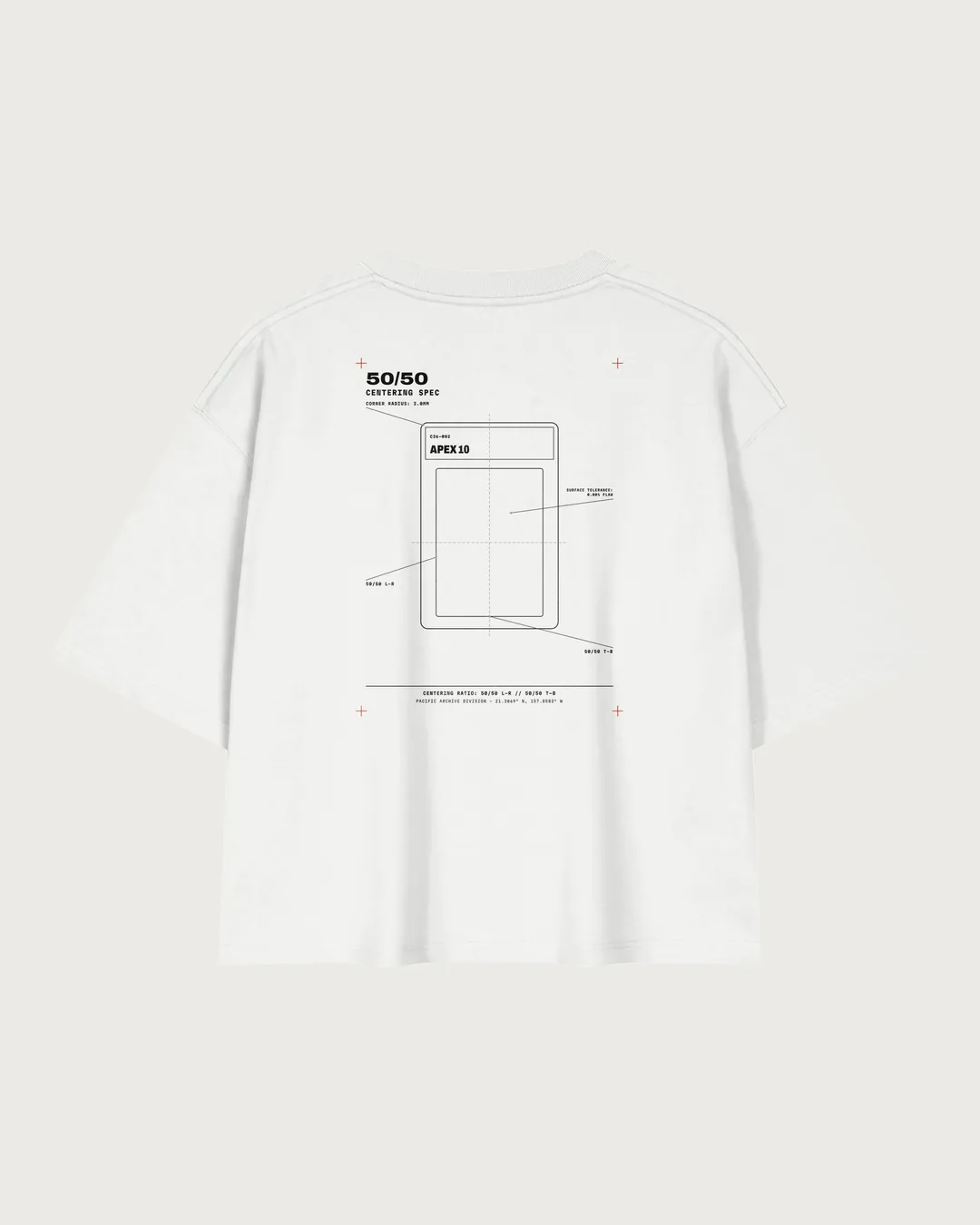 C36-002 white tee back, flat: blueprint print, true scale