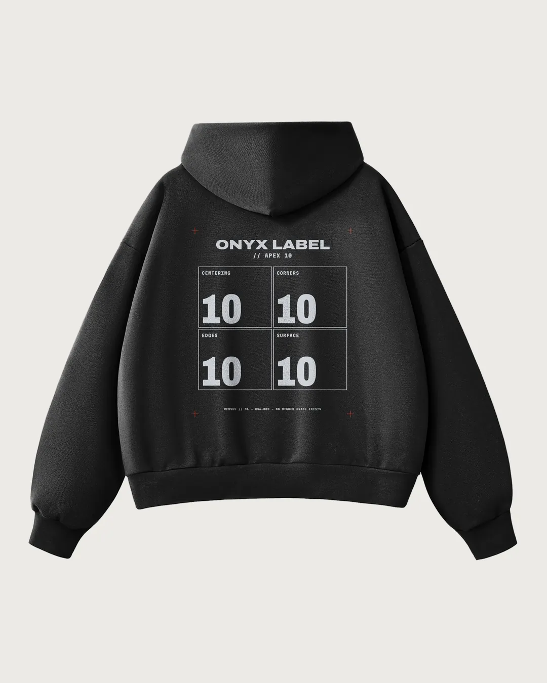 C36-003 black hoodie back, flat: ONYX LABEL quad print, true scale